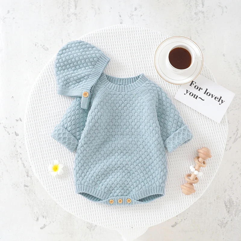 

Baby Bodysuit Knit Solid Newborn Girl Boy Jumpsuit Hat 2PC Fashion Long Sleeve Infant Kid Clothing 0-18M Playsuit Overalls Fall