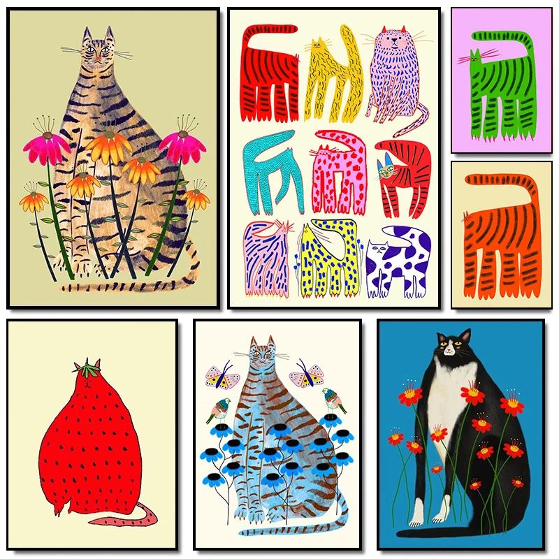 A collection of colorful abstract cartoon cat and dog poster prints on canvas for wall decor.