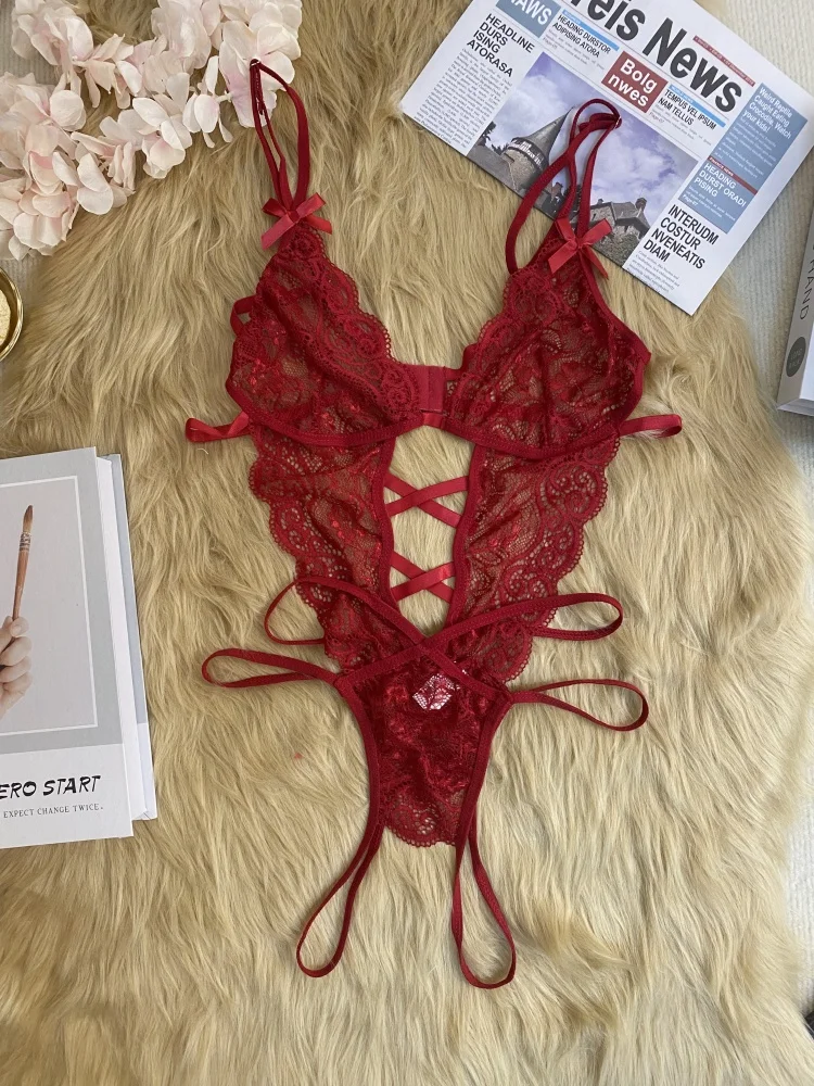 Sexy Lingerie Crotchless Red Sexy Lingerie Women Lace Hollow Bra Set Erotic Costumes Teddy Baby Doll Dress Deep V Open Bra Sexiest Bodysuits