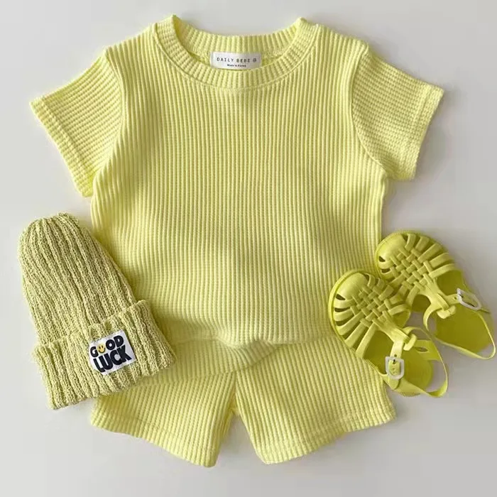 Summer baby clothes new girls solid color knitted short-sleeved suit boys short-sleeved T-shirt shorts casual sports suit Baby Clothing Set near me Baby Clothing Set