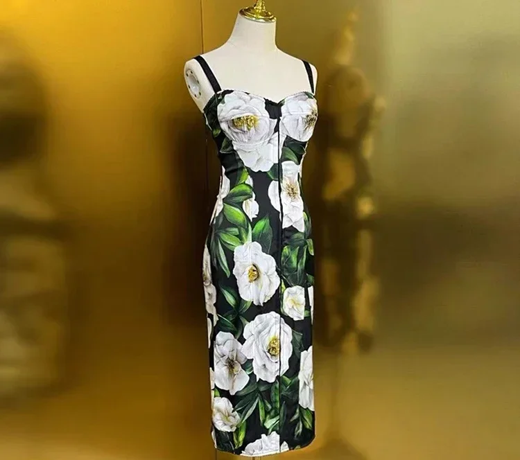 MARYYIMEI Spring Autumn Women's Dress Spaghetti Strap Backless High waist Pretty Slim-Fit Hip Wrap Print Silk Dresses