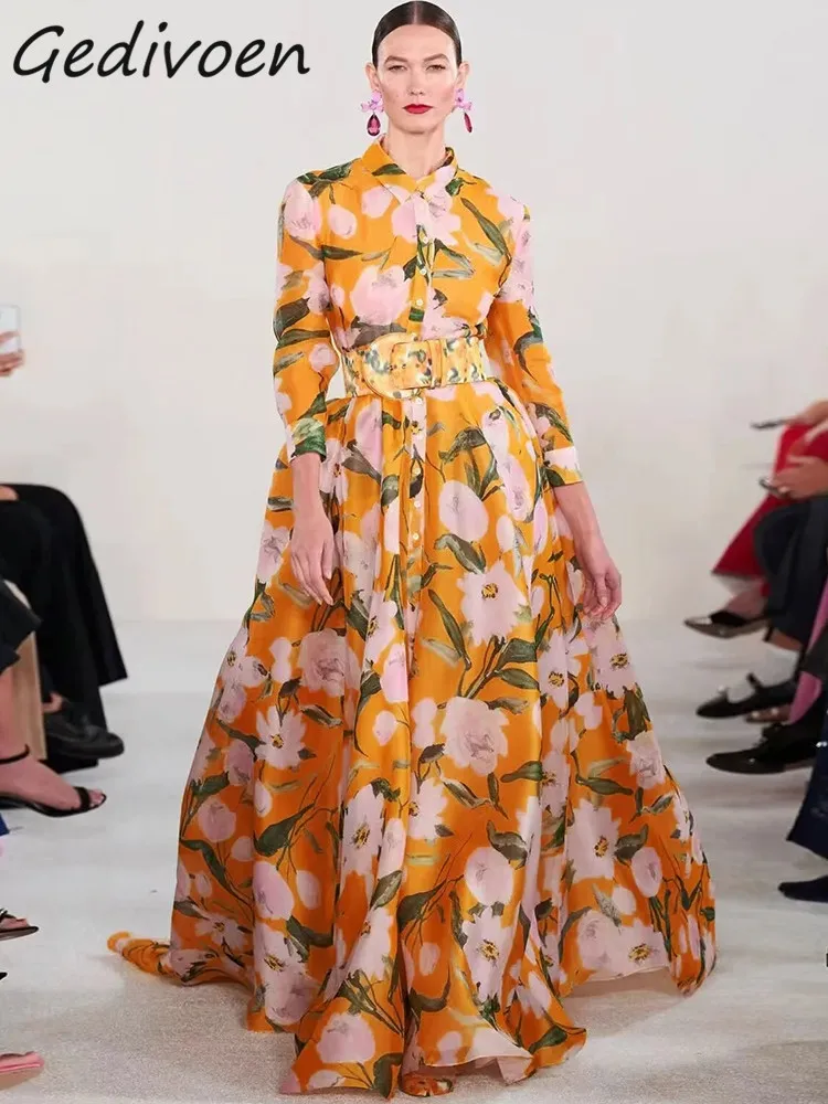 

Летнее модное дизайнерское винтажное платье Gedivoen с цветочным принтом, женское длинное платье с отворотом, пуговицами, присборенной талией и высоким разрезом