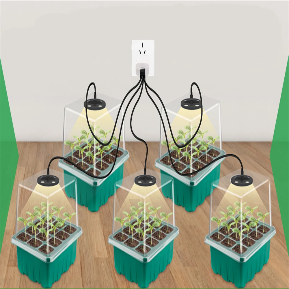 5pcs Seedling Tray With LED Grow Lights Plant Seed Starter Tray Kit Greenhouse Growing Trays With Holes 12 Cell Per Tra