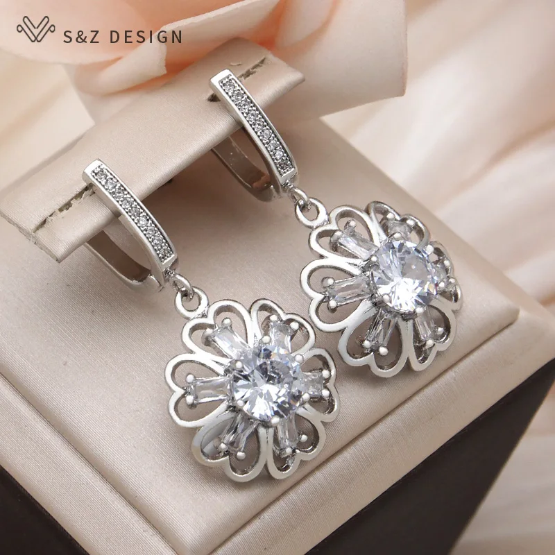 S&Z DESIGN New Fashion Round Cubic Zirconia Flowers Dangle Earrings For Women Party Jewelry 585 Rose Gold Color Eardrop Gift