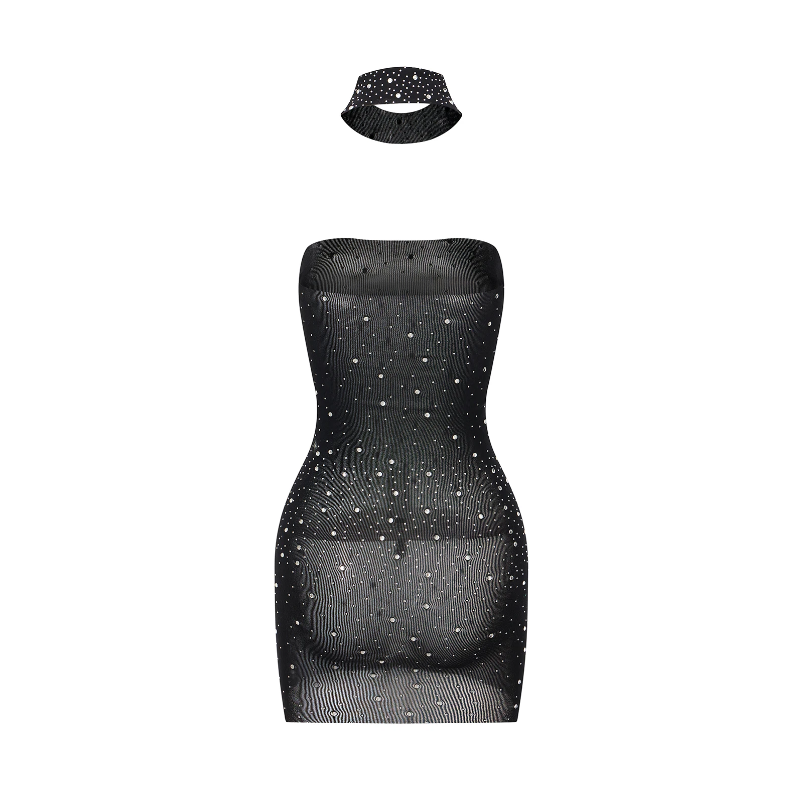 Women's Rhinestone Lingerie Dress Slim See Through Off Shoulder Sleeveless Mini Tube Top Dress with Choker for Party Club