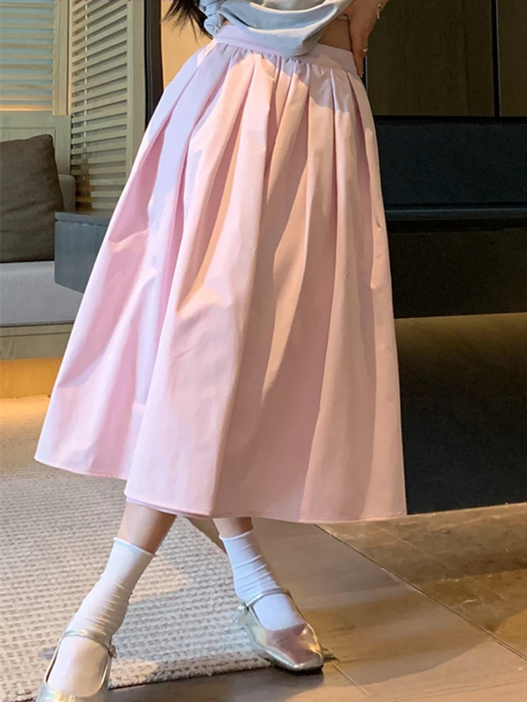 

90s Harajuku Kawaii Pink Pleated Skirt Y2k Aesthetic Women High Waist Solid Casual A-line Fairycore Long Skirt Summer Saia Mujer