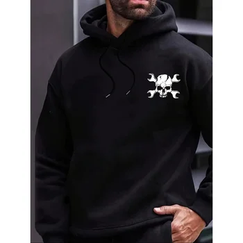 بلوفر رجالي بقلنسوة مطبوع عليه جمجمة من البوليستر الأسود بأكمام طويلة 