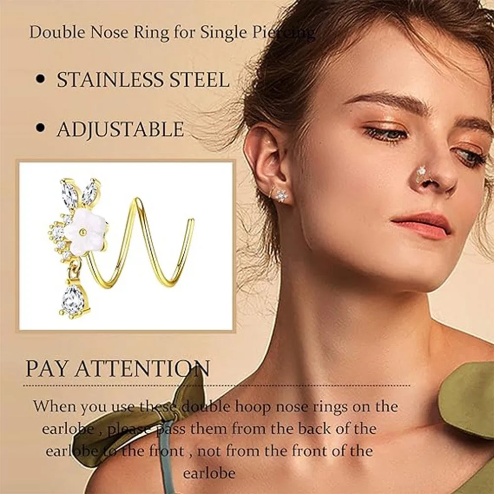 Drperfect 9Pcs Stainless Steel Dangle Double Nose Ring for Single Piercing Dangling Nose Spiral Hoops Double Earrings for Women