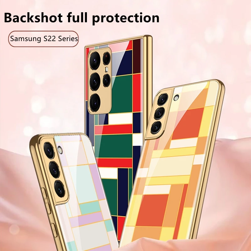 samsung silicone Geometric Phone Case For Samsung S22 Case Glass Ultra-thin for S22Plus S22Ultra Patterned Full Coverage funda Scratch Proof Cute kawaii phone cases samsung