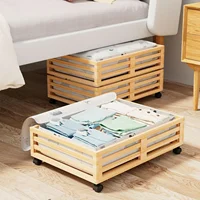 Bamboo Under Bed Storage Containers- Underbed Organizer with Wheels with Large Capacity Dust Bag,Sturdy Wood Rolling Under Bed S 1