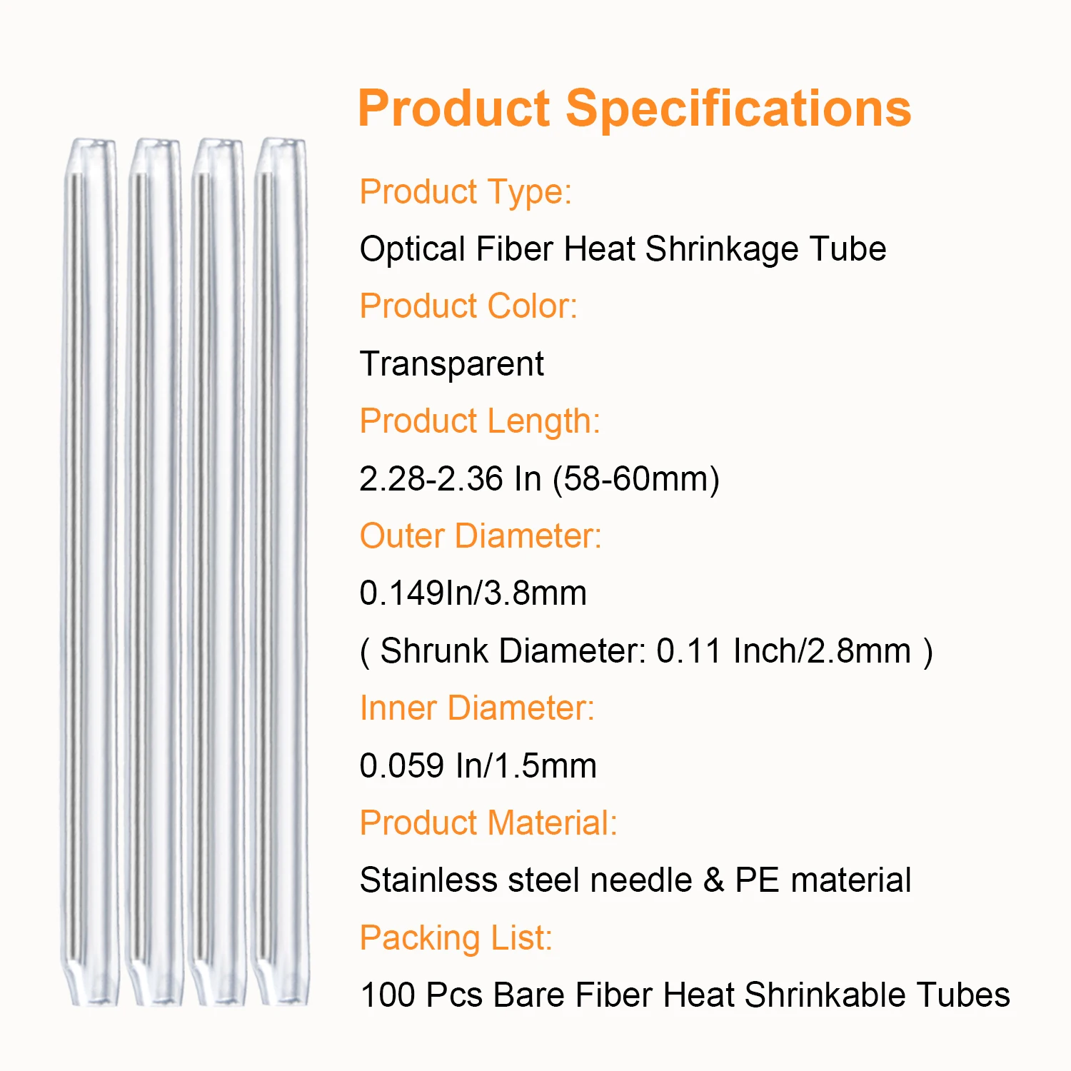 100 PCS 60mm Bare Fiber Optical Heat Shrinkable Tubes Fusion Hot Melt Protection Splice Sleeves For FTTH