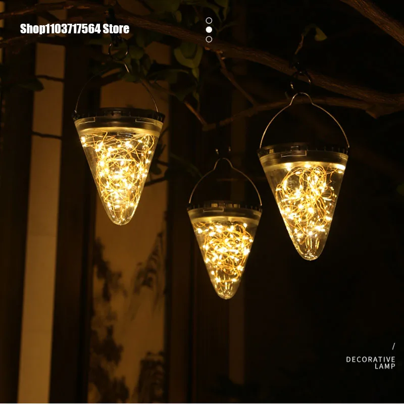 2024 New outdoor 50led solar flame lamp chandelier Foreign trade lantern courtyard hanging lighting chandelier
