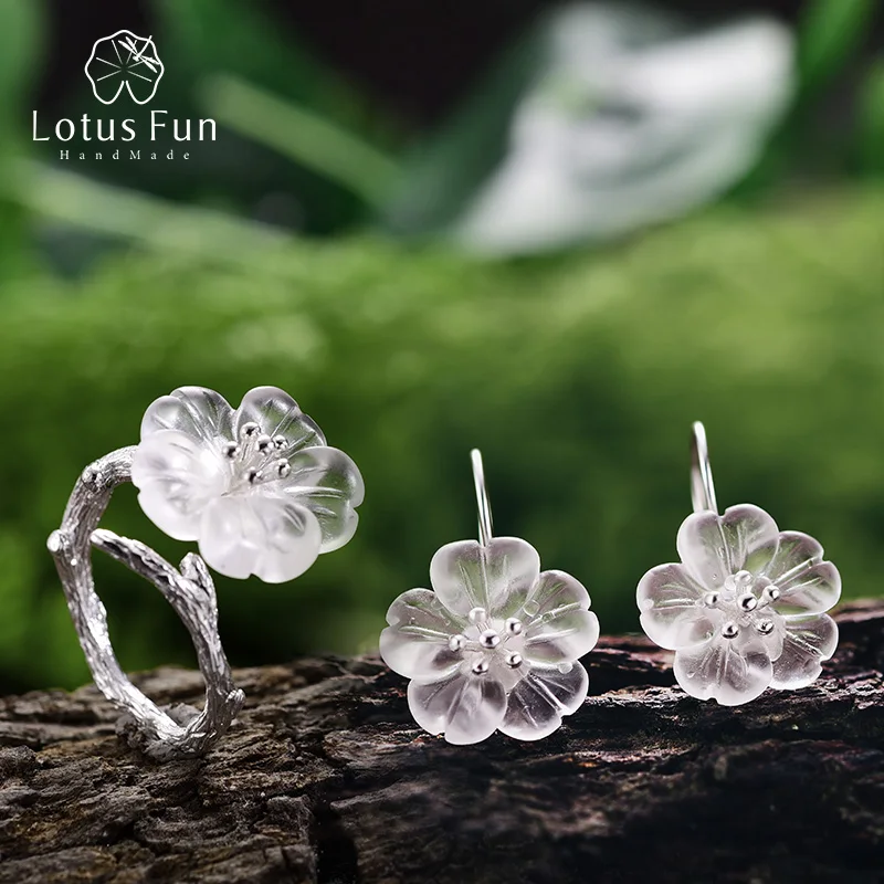 

Lotus Fun Moment Real 925 Sterling Silver Natural Crystal Fashion Jewelry Flower in the Rain Jewelry Set for Women Female Bijoux