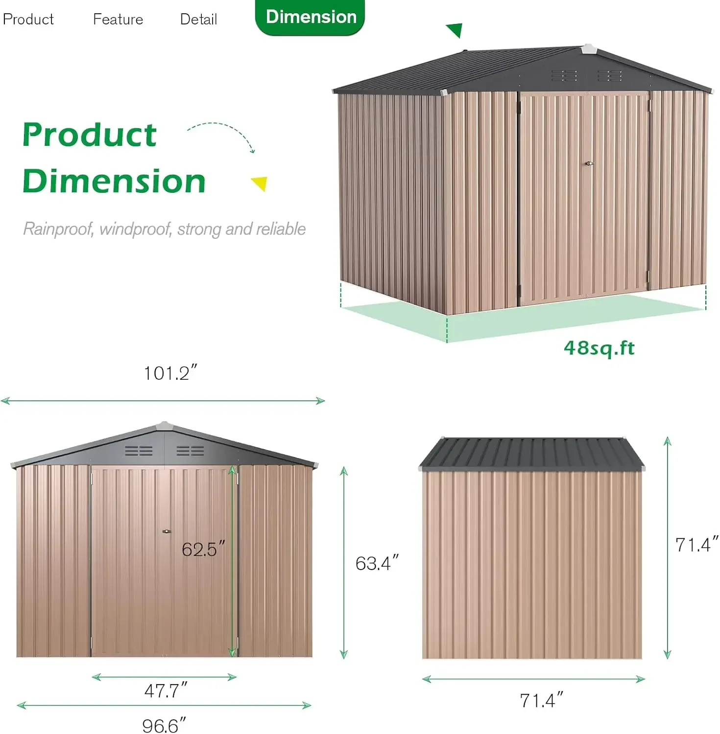 Description Picture 6 of item8' x 6' Metal Outdoor Storage Shed, Lockable Bike Shed,Garden Shed &Tool Shed for Backyard, Patio, Lawn,Brown