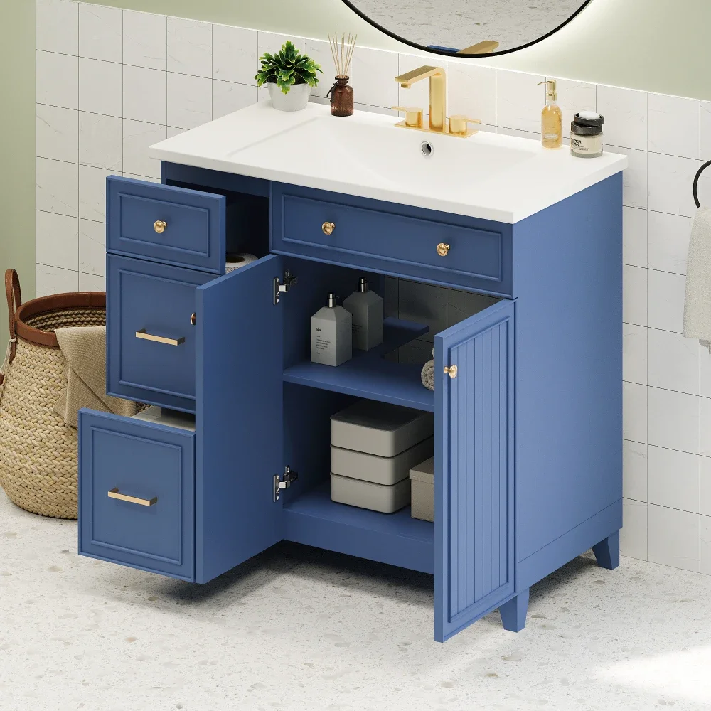 36-inch Bathroom Vanity, Transitional Style Bathroom Cabinet with Resin Sink, Navy Blue Single Bathroom Cabinet, with 2 Drawers 2