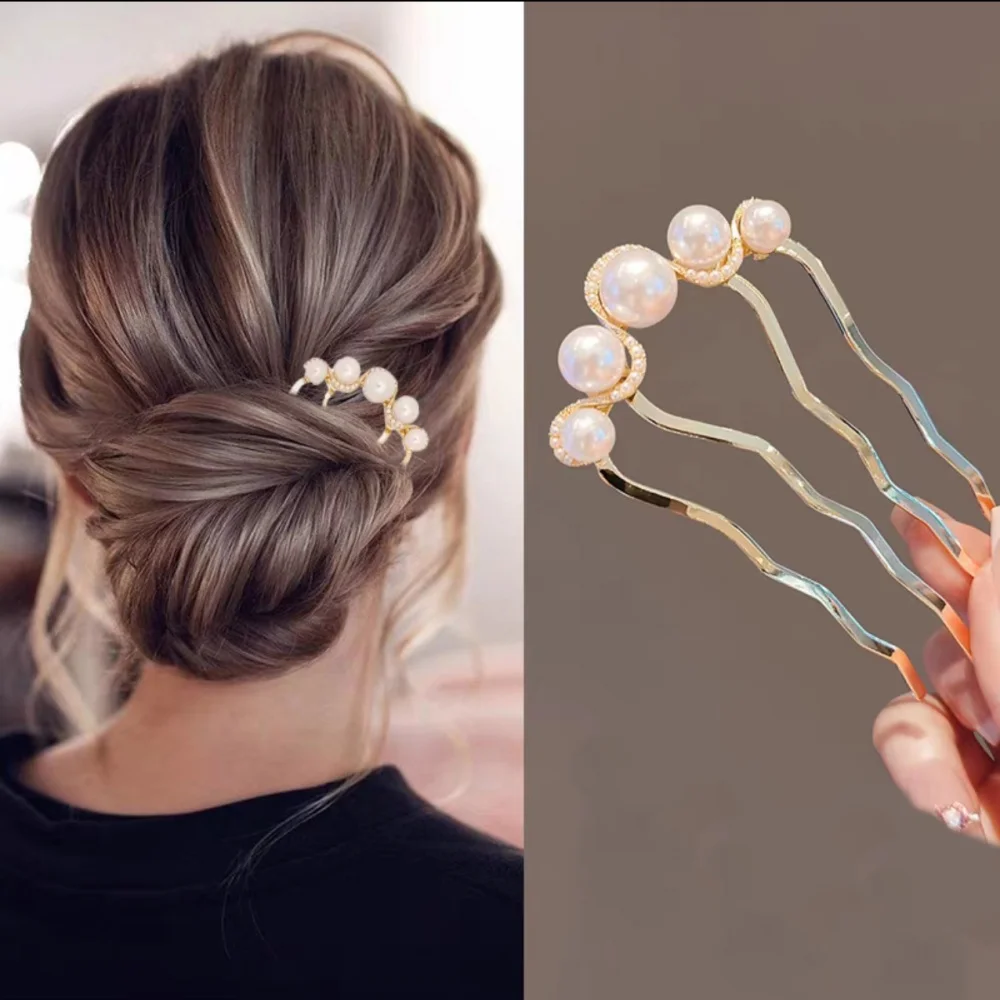 Metallische Perlen-U-förmige Haarkamm-Clips für Damen, Elegante Blumen-Haarspangen, Stilvolle Alltags-Haarnadeln, Hochzeits-Haarknoten-Accessoires – Detail 10