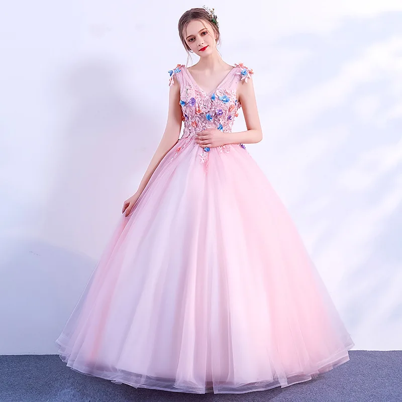 

Pink Quinceanera Dresses Fashion V-neck Sleeveless Ball Gown Colorful Lace Applique Vestido Debutante Sweet Elegant Prom Dress