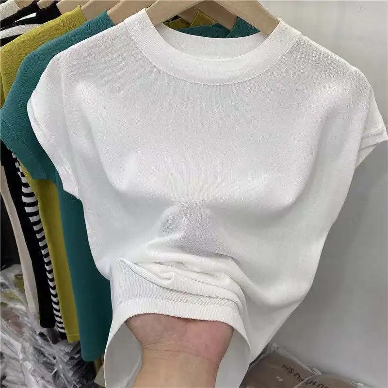 

2022 New Thin White Bottoming Top Women's Short-sleeved Loose Large-size Summer Ice Silk Knitted T-shirt