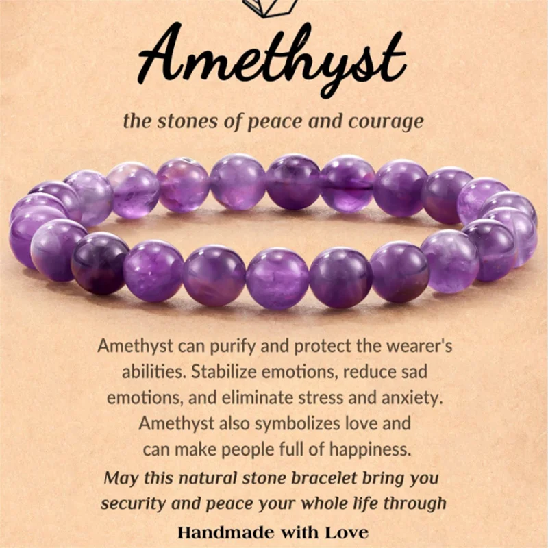 Bracciale In Ametista Per Donna - Perline In Pietra Naturale Di Agata Striata Con Ciondolo - Braccialetto Elastico Regolabile Porta Fortuna E Guarigione, Regalo Per Recupero E Supporto Emotivo