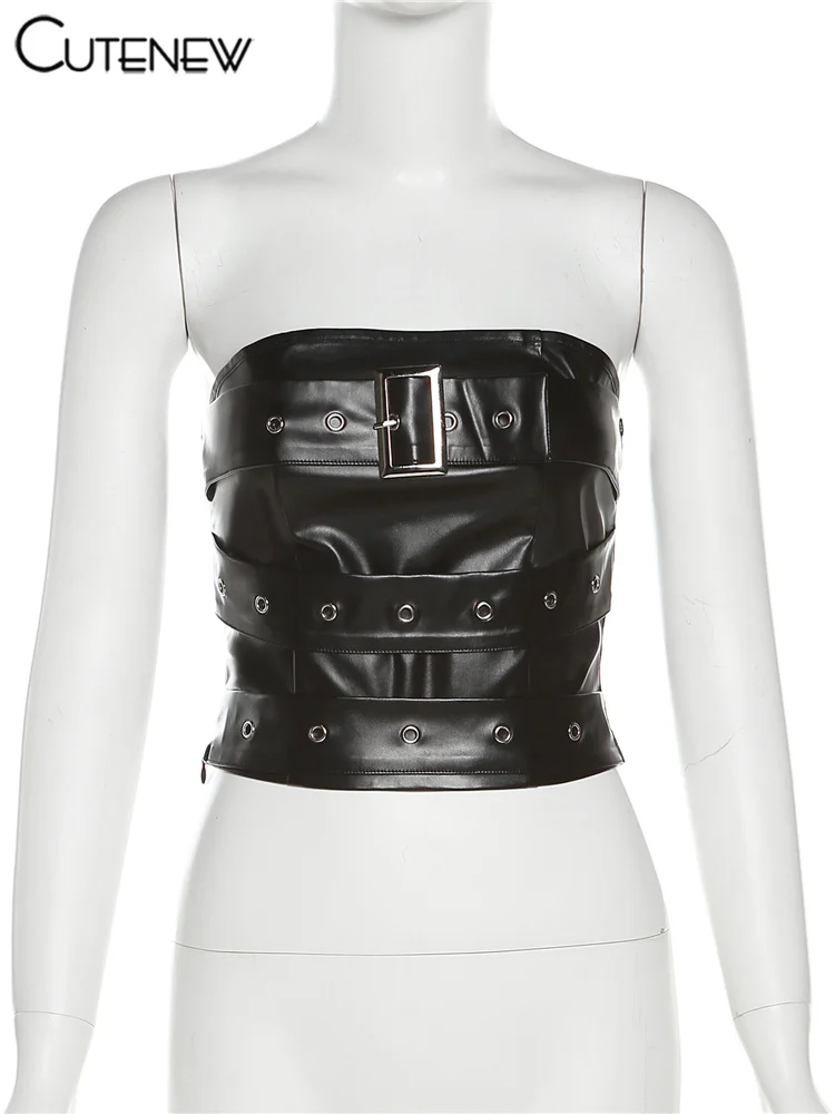 Top corto sexy de verano para mujer, liso, con hombros descubiertos, informal, sin tirantes, de cuero sintético negro, para uso diario, para fiesta y club