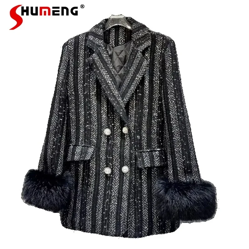 

2023 Winter New Suit Furry Cuff Diamond Drills Tweed Quilted Long Sleeved Blazer Double-breasted Overcoat Outwear Women's Jacket