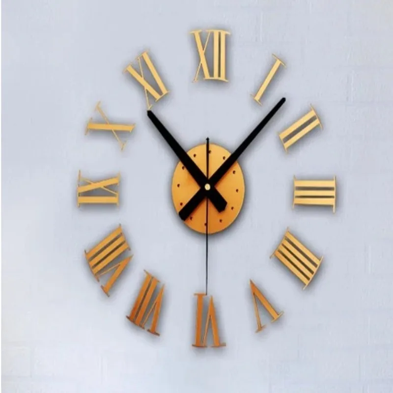 DIY 3D three-dimensional metal texture Roman numeral clock wall clock creative wall stickers diy gold and silver watches image_0
