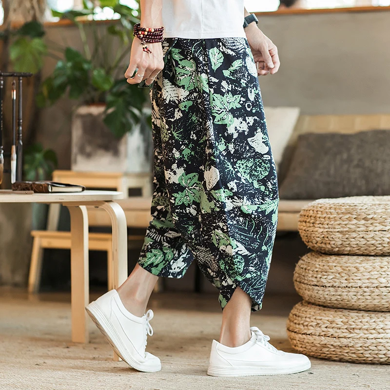 Men Traditional Style Summer Big Size Casual Calf-Length Pants Korean Style Cotton Printed Loose Male Trouser Streetwear