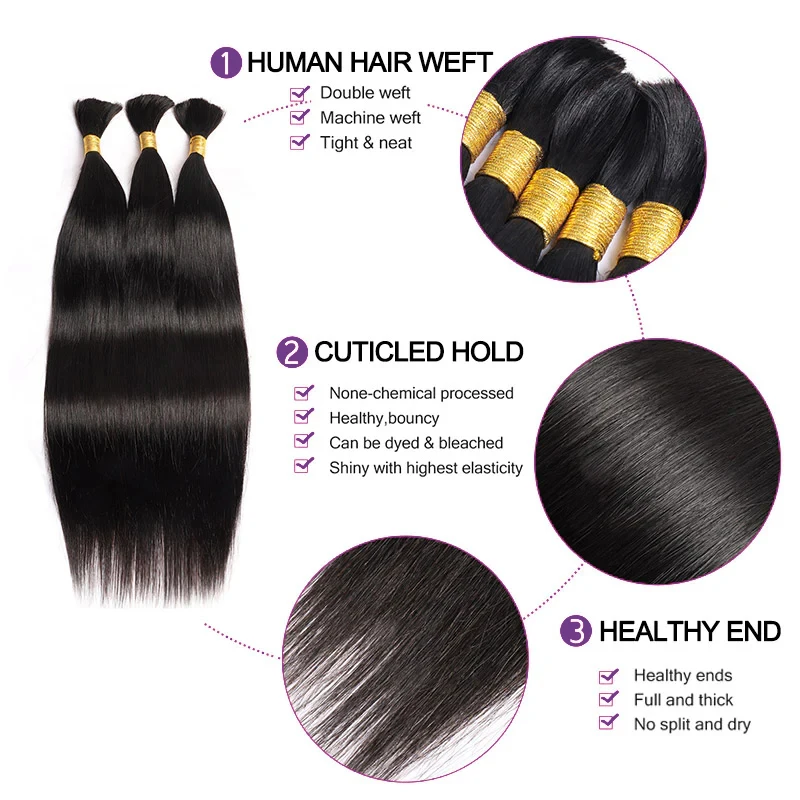 Straight Human Hair Braiding Bulk Hair Extensions 16-26 Inch No Weft Brazilian Human Bundles 50/100 Per Pack For Braiding human hair extensions human hair bundles braiding hair extensions human braiding hair
