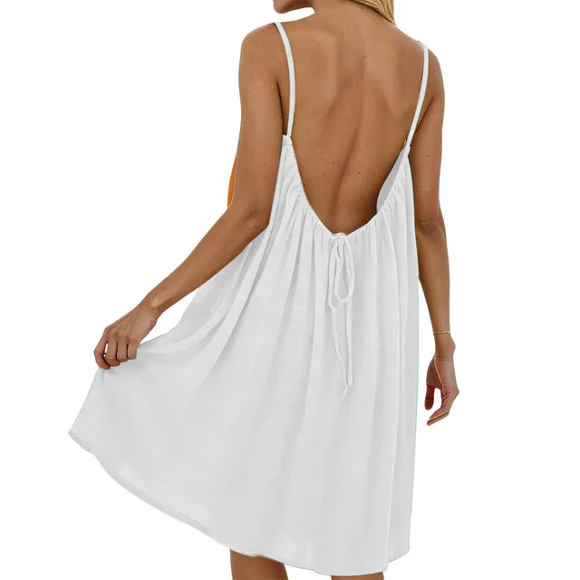 112310-858898.jpg Robe sexy dos nu pour femmes, couleur unie, coupe ample, sans manches, robe courte réglable avec bretelles, robe d'été pour vacances à la plage