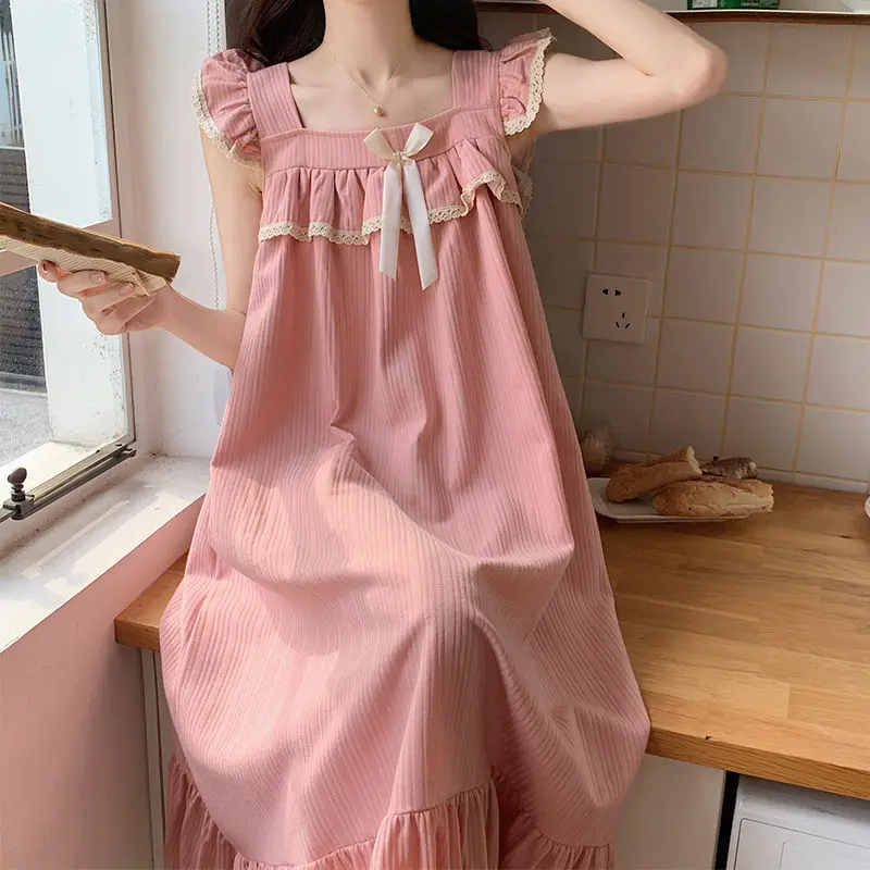 Kawaii Clothes Sleepwear Women Summer Cotton Nightgown Dresses Bow Tie Ruffle Loungewear Homewear Korean Loose Pajamas