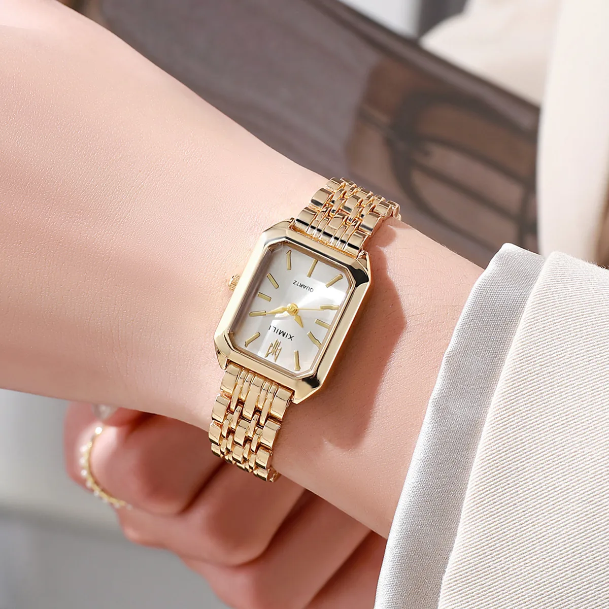 Women Watches Business Luxury Ladies Fashion Quartz Watch Simple Scale Square Quality Gold Plated Stainless Steel Folding Clock 2