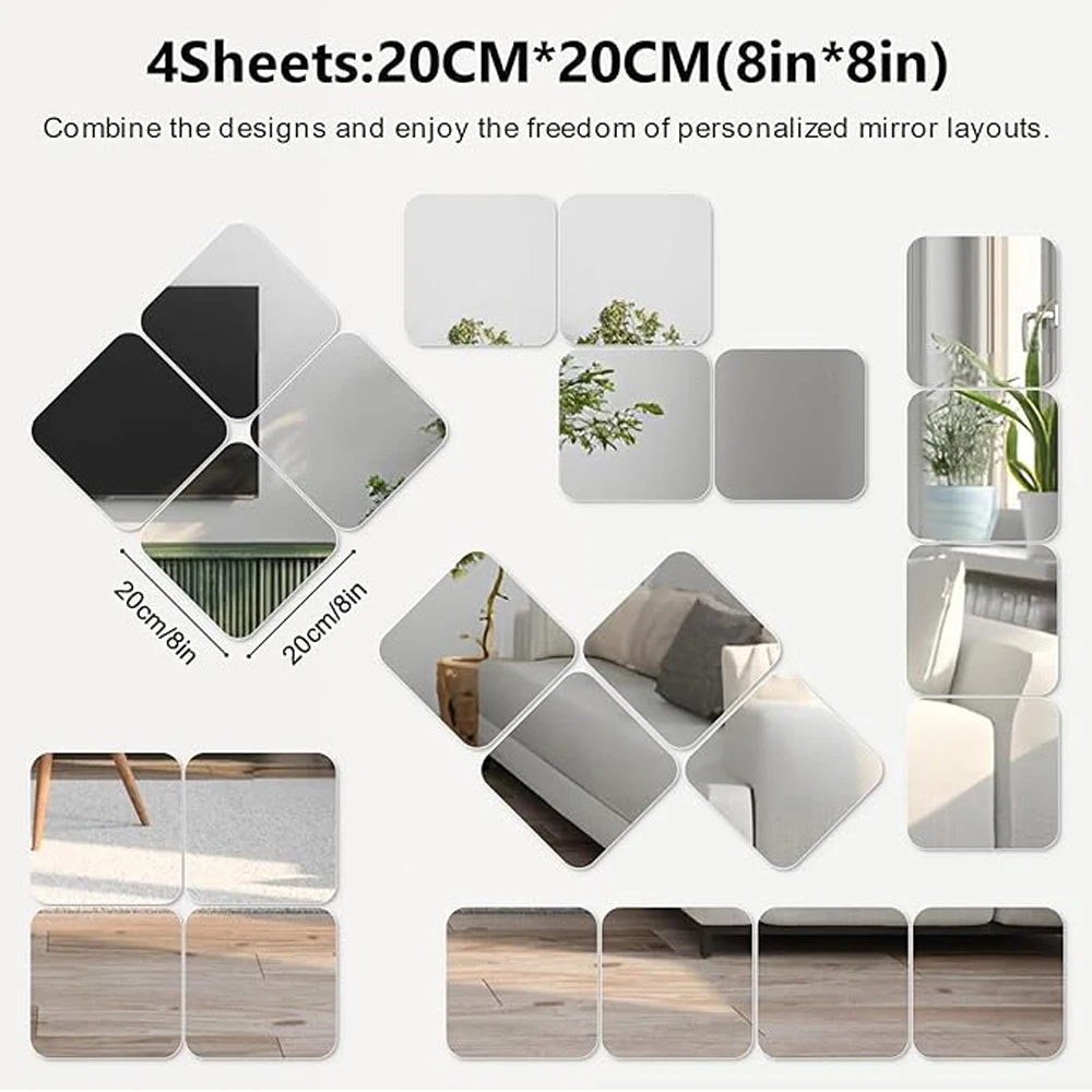 3D Mirror Wall Stickers 2/4PCS 2mm Thicken DIY Acrylic with Adhesive