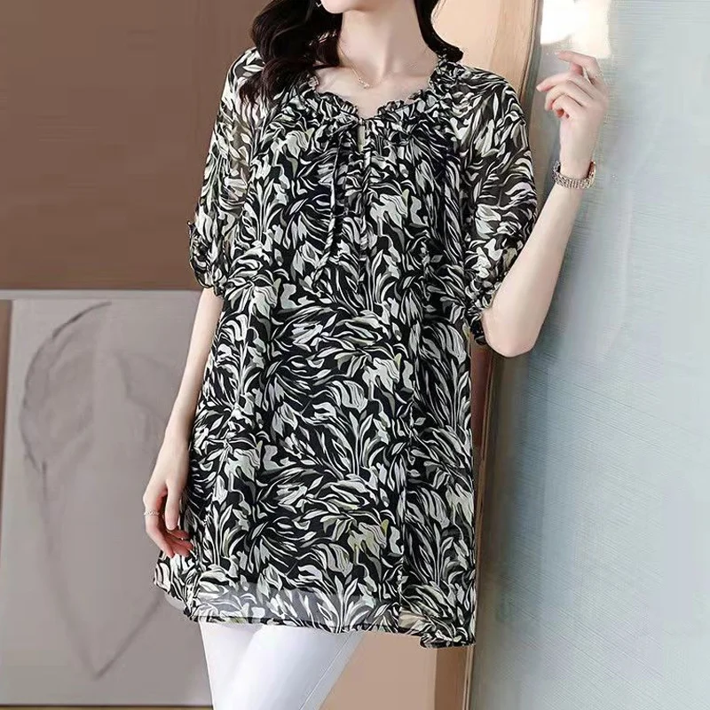 

Summer New Thin Plus Size Chiffon Printing Top Shirt Short Sleeve O-neck Lacing Loose Blouse Vintage Casual Women Clothing L-6XL