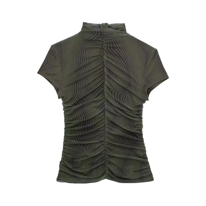 

Woman 2023 New Fashion Tulle Printed Blouse Vintage Short Sleeves Slim Fit Streetwear Female Shirts Blusas Chic Tops
