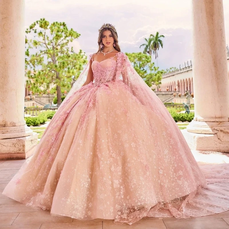 Pink Shiny Sweetheart Quinceanera Dress Princess Prom Gown Tulle Appliques Beads With Cape Sweet 15 16 Dress Vestidos De 15 Anos