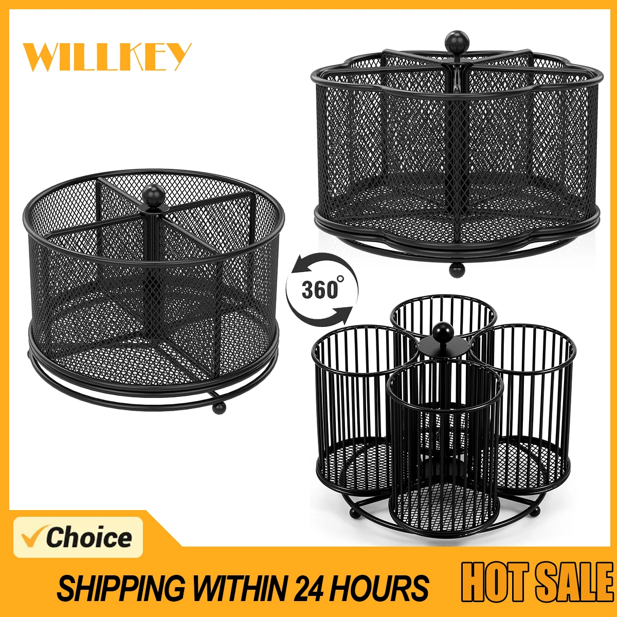 Metal Utensil Caddy 360 Degree Rotating Cutlery Holder 3/4/5 Compartment Flatware Storage Basket Kitchen Camping Countertop