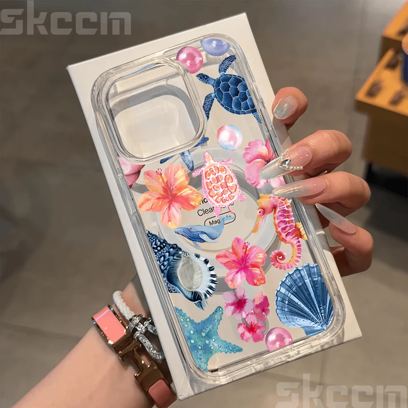 Ocean Life Theme Clear Phone Case with Magnetic Wireless Charging Cover