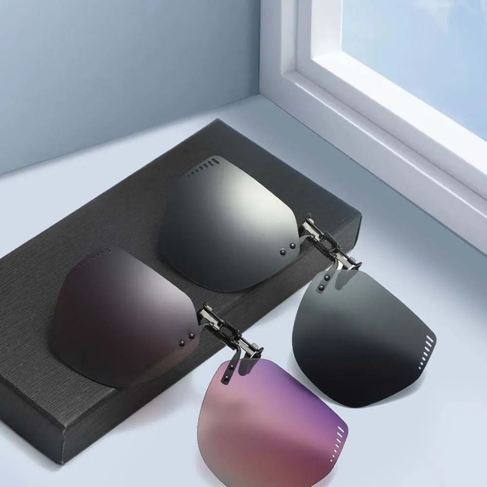 Men Polarized Clip On Sunglasses Flip Up Anti Glare Driver Sunglasses Rimless Pilot Sun Shades Night Vision Photochromic Glasses