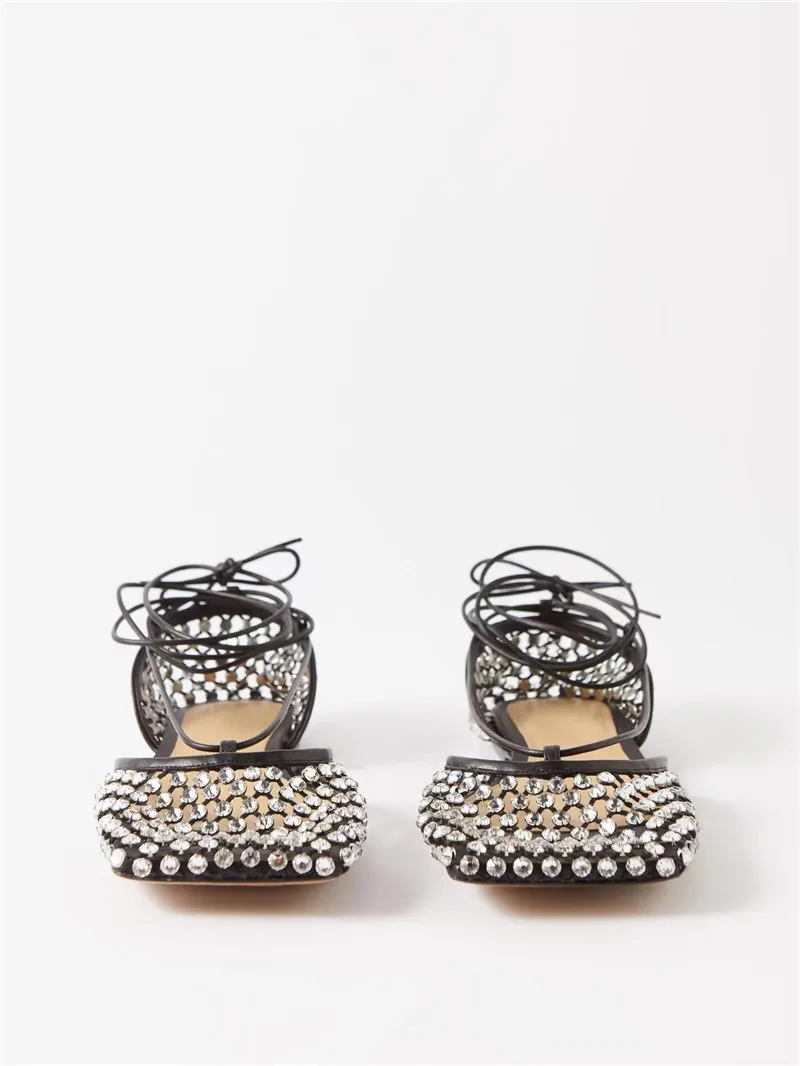 Crystal Diamond Foot Ring Strap Square Head Hollow Mesh Surface Shallow Cut Large Flat Bottom Sandals for Women