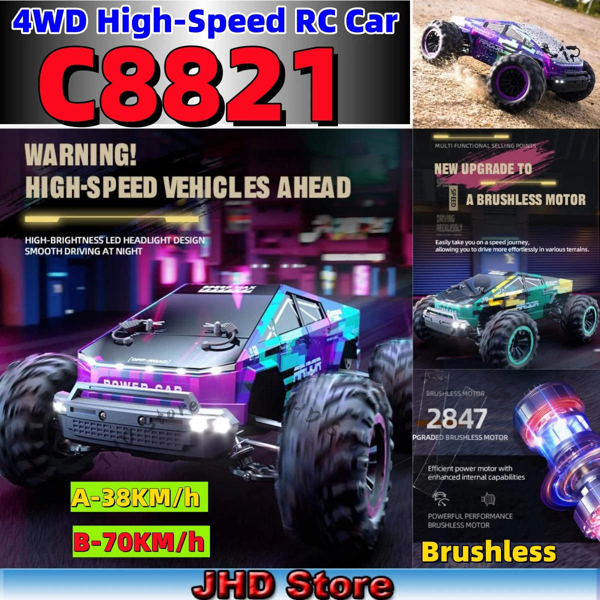 JHD For JJRC C8821 4WD High-Speed 2.4G RC Car Brushless 38-70km/H  Full Proportion Variable Speed Carbon Brush Off-Road Vehicle