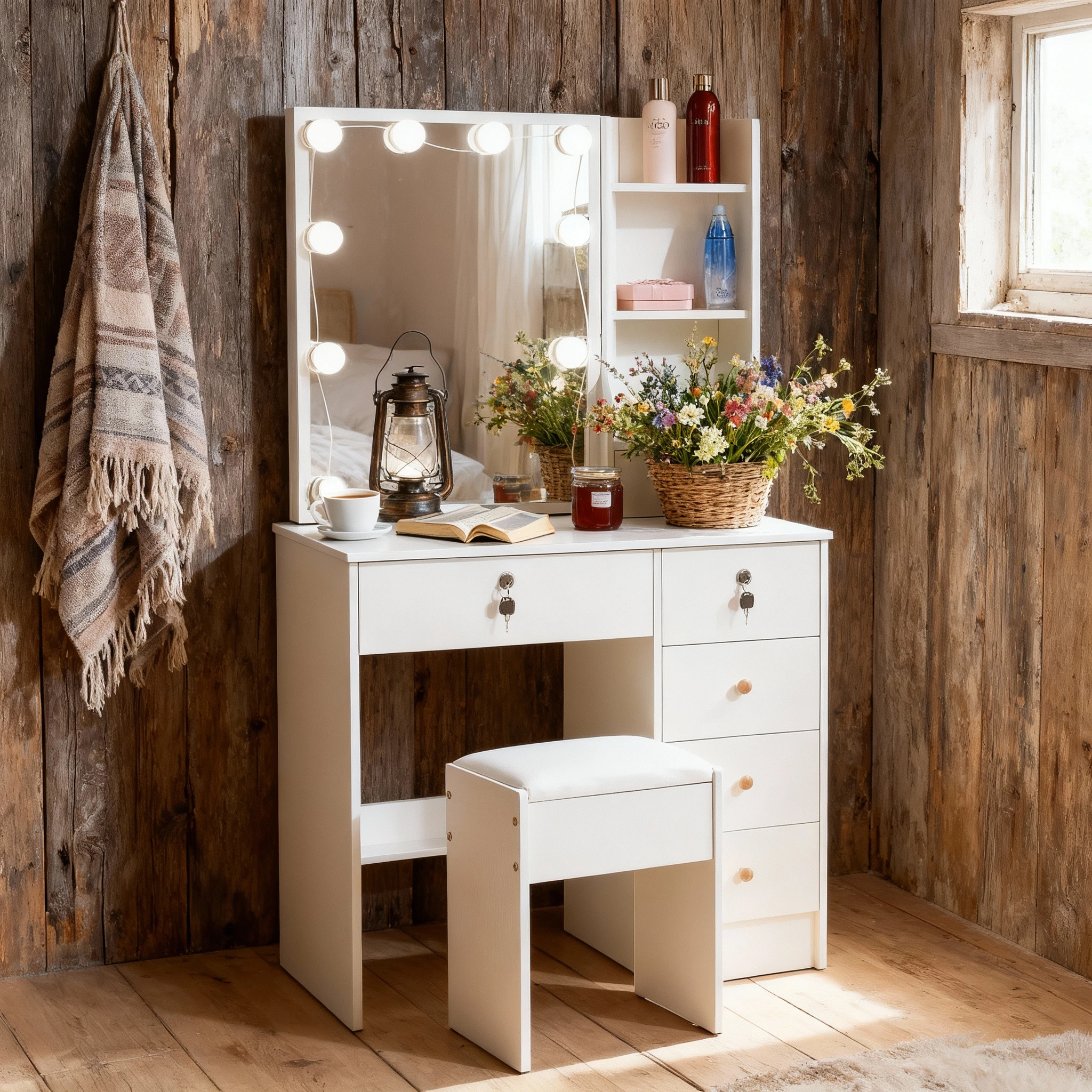 Coiffeuse de vanité moderne, bureau de maquillage avec miroir, tabouret lumineux Led, ensemble de tiroirs