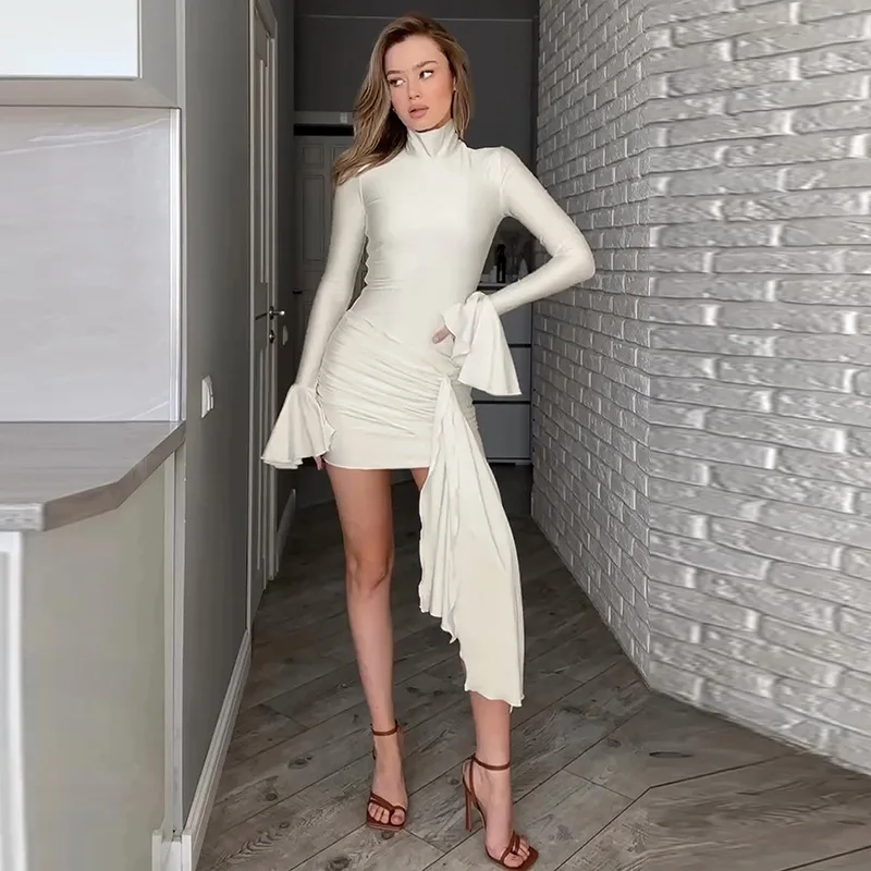 Autumn New Flare Sleeve Sexy Bodycon Dress For Women Edible Tree Fungus Irregular Splice Gown Mini Dresses Solid Color