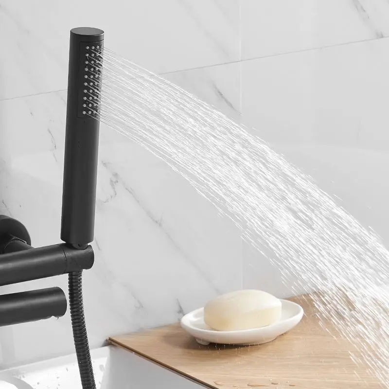 Matte Black Bathtub Shower Faucet Swivel Tub Spout Wall Mounted Bath Mixer Waterfall Bathtub Tap with Handheld Shower Head Crane 4