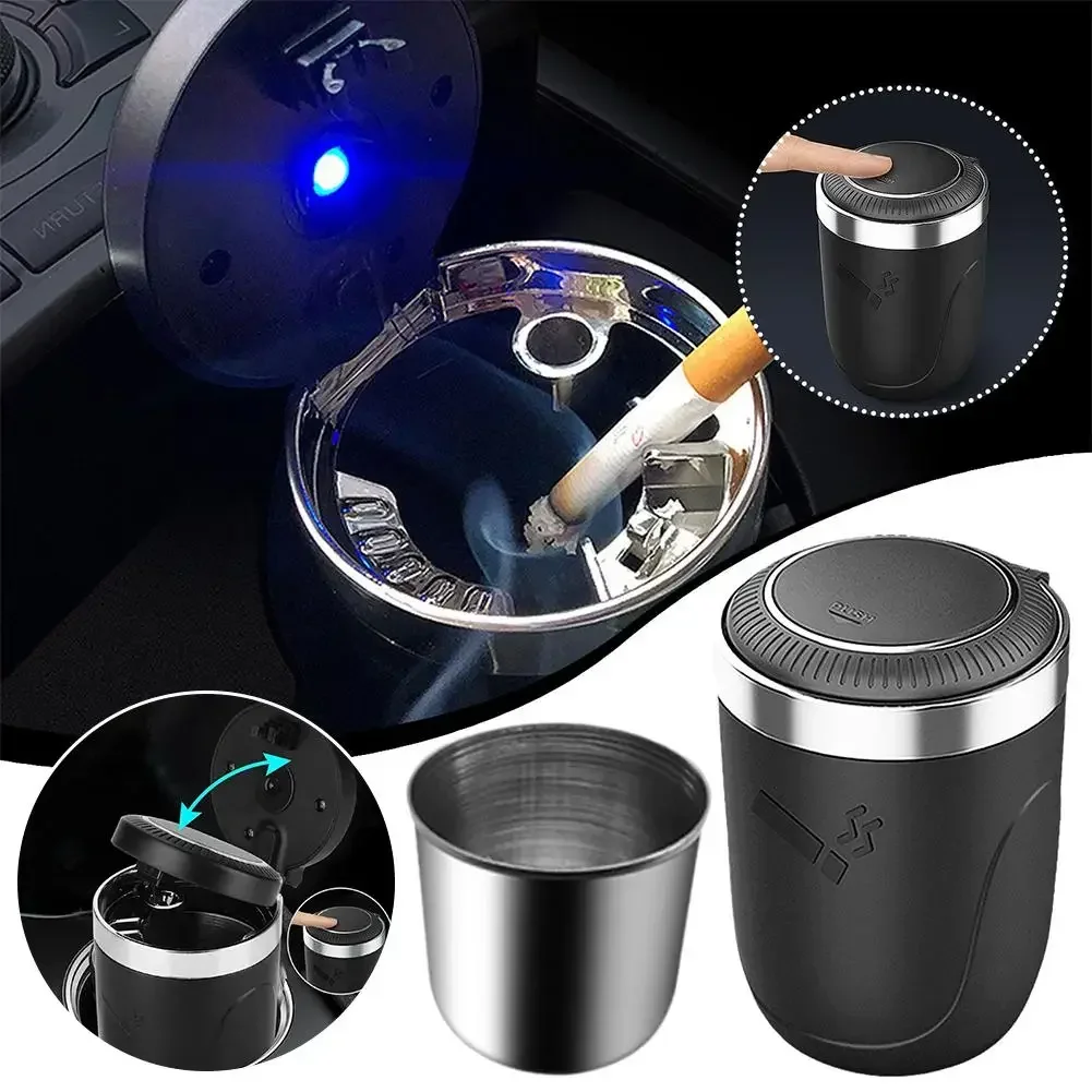 Stainless Steel Blue LED Car Ashtray with Lid for Auto