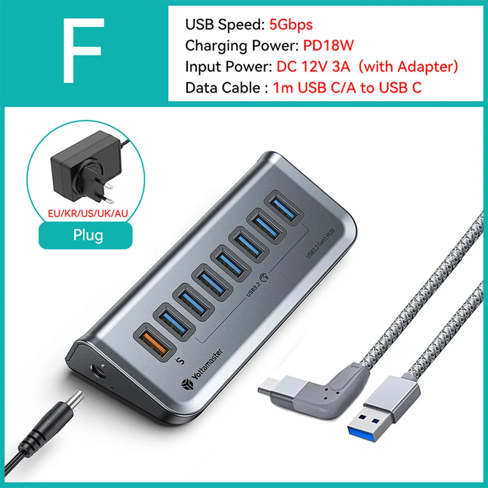 Yottamaster High-Speed 7-Port USB-C Hub with Power Supply