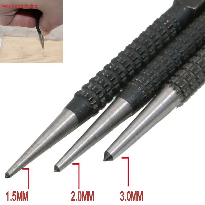 3Pcs Center Dash High Carbon Steel Non Slip Center Pin Punch Set for Alloy Steel Metal Wood Drilling Tool