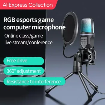 AliExpress Collection SF666R USB 마이크 RGB 마이크 콘덴서 와이어 게이밍 마이크, 팟캐스트 녹음 스튜디오 스트리밍 노트북 데스크탑 PC용