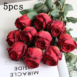 Set of 5 Burnt Edge Rose Buds - Artificial Floral Ornaments for Elegant Wedding and Home Decor (Bright red)