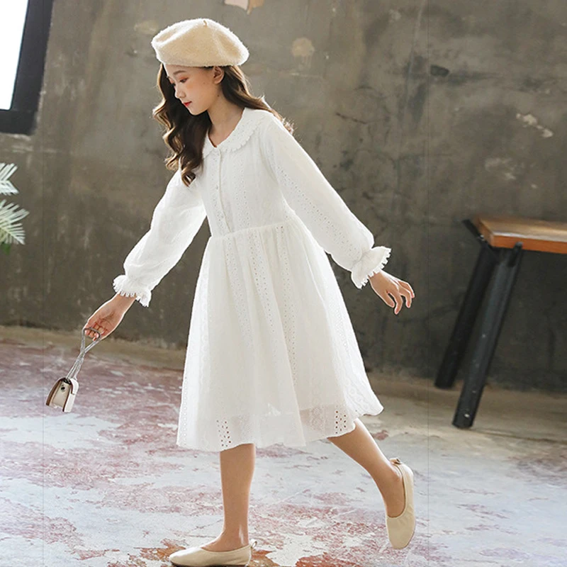 Vintage White Girls Princess Dresses Spring Autumn Teenage Girls Cute Long Sleeve Dress Girl Costume Sweet Cotton Child Clothes