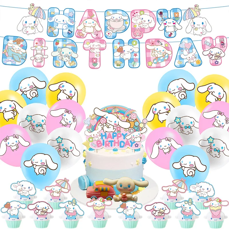 Sanrio Party Balloon Decoration Cute Cinnamoroll Birthday Kids Theme Pull Flag Balloon Charm Cake Row Decoration School Supplies new rainbow cloud cake decoration rainbow dessert decoration happy birthday romantic fire balloon theme cake topper